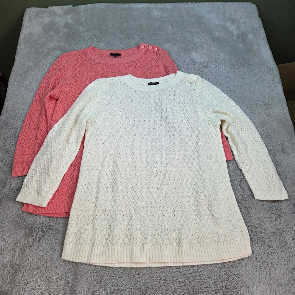 Talbots Cotton Pointelle Knit Sweaters Womens Mp 2Pk Shoulder Button Pink White